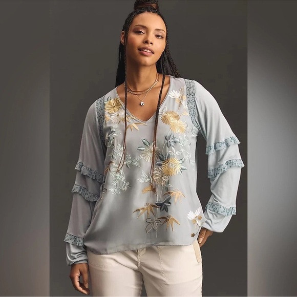 Anthropologie Tops - Anthropologie Tiny Frances Blue Floral Embroidered Womens Blouse Boho Hippie EUC